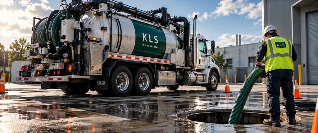 KLS vacuum truck and technician pumping a grease interceptor at a commercial facility.